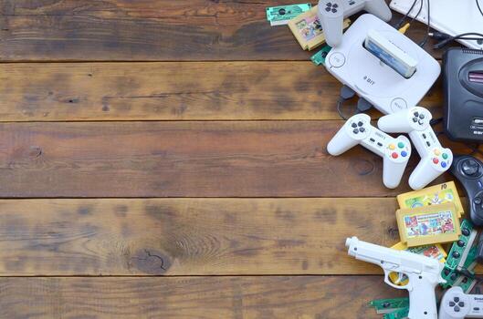 antiguo 8 bits vídeo juego consola y muchos juego de azar accesorios me gusta un palancas de mando y cartuchos foto