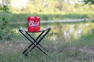 Budweiser Bud beer cans pack on folding chair outdoors at the river and green trees background photo