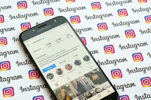 Calvin Klein official instagram account on smartphone screen on paper instagram banner. photo