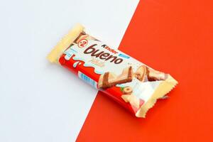 Kinder Bueno white chocolate is a confectionery product brand line of Italian confectionery multinational manufacturer Ferrero photo