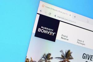 Homepage of marriot bonvoy website on the display of PC, url - marriott.com. photo