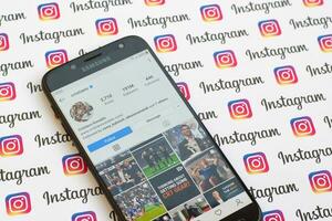 Cristiano Ronaldo official instagram account on smartphone screen on paper instagram banner. photo