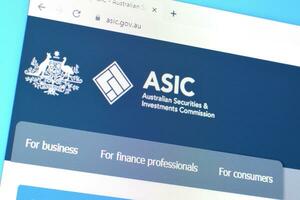 Homepage of asic website on the display of PC, url - asic.gov.au. photo