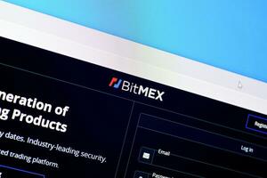 Homepage of bitmex website on the display of PC, url - bitmex.com. photo