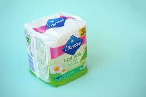 Libresse pad pack. Libresse is an international brand of feminine hygiene products owned by SCA, a Swedish pulp and paper manufacturer and consumer goods company photo