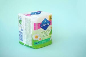 Libresse pad pack. Libresse is an international brand of feminine hygiene products owned by SCA, a Swedish pulp and paper manufacturer and consumer goods company photo
