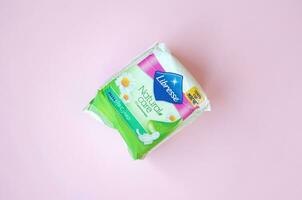 Libresse pad pack. Libresse is an international brand of feminine hygiene products owned by SCA, a Swedish pulp and paper manufacturer and consumer goods company photo