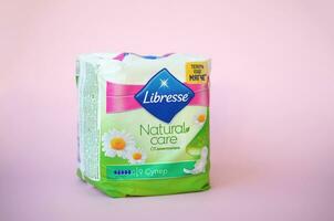 Libresse pad pack. Libresse is an international brand of feminine hygiene products owned by SCA, a Swedish pulp and paper manufacturer and consumer goods company photo