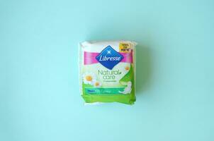 Libresse pad pack. Libresse is an international brand of feminine hygiene products owned by SCA, a Swedish pulp and paper manufacturer and consumer goods company photo