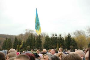 TERNOPIL, UKRAINE - APRIL 2, 2023 Many people during mission in complex of Ukrainian Jerusalem in the Mari spiritual center of Zarvanytsia In the Terebovlya district of the Ternopil photo