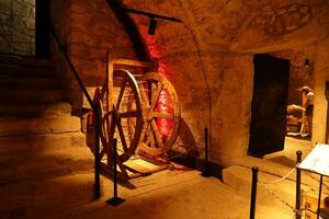 TERNOPIL, UKRAINE - AUGUST 23, 2023 The museum of tortures on territory of Zbarazh ancient castle in underground cellar photo