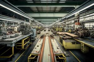 industrial fábrica en mecánico Ingenieria para el fabricar de transformadores - interior de un producción salón. neural red ai generado foto