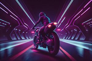 Futuristic biker on a retrowave sunset with a glitch and high-speed effect. Neural network AI generated photo