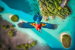Parrot macaw flies over a tropical island. Neural network AI generated photo
