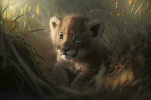 linda pequeño león cachorro. neural red ai generado foto