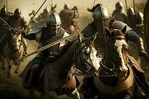 Epic Battlefield Armies of Medieval Knights Fighting with Swords. Neural network AI generated photo