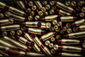 A pile of ammunition for weapons. Cartridges for machine guns and carbines. Background from new shiny cartridges. Neural network AI generated photo