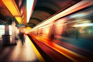 subterráneo tren a el túnel en el subterraneo plataforma, movimiento difuminar. neural red ai generado foto