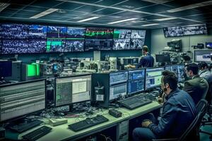 Security Control Room with Multipoke Computer Screens Showing Surveillance Camera Footage Feed. High-Tech Security. Neural network AI generated photo