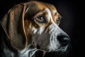 Beagle dog in portrait against black background. Neural network AI generated photo