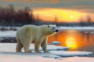 polar oso en desenfreno zona en contra puesta de sol. neural red ai generado foto