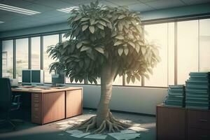 money tree in the office. Saving money and loan for business investment concept. Neural network AI generated photo