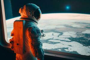 retrato de caucásico masculino astronauta dentro astronave cabina. ciencia ficción espacio exploración concepto. neural red ai generado foto