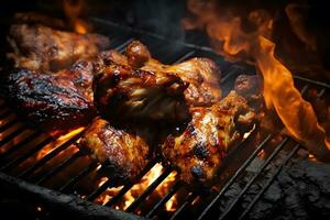 Tasty chicken legs and wings on the grill with fire flames. Neural network AI generated photo