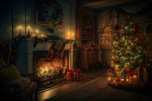 Beautiful cozy Christmas interior with a fireplace. Neural network AI generated photo