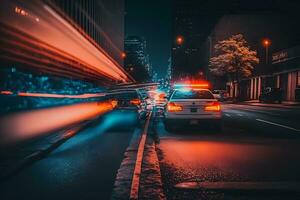 policía coche en un lluvioso noche ciudad. neural red ai generado foto