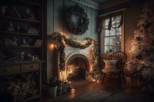 hermosa acogedor Navidad interior con un chimenea. neural red ai generado foto