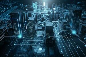 internet of things, networks and augmented reality concept, night scene. cyber technology city of the future. Neural network AI generated photo