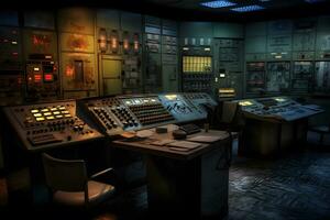 Control panel at a nuclear power plant. Neural network AI generated photo