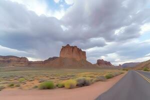 Panorama of the road through the canyon desert. Red rock canyon desert road. Neural network AI generated photo