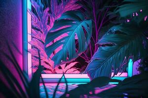 Colorful nature concept, Neon colorful of tropical leaves with neon frame, Leaf of plant, Creativity and design. Neural network AI generated photo