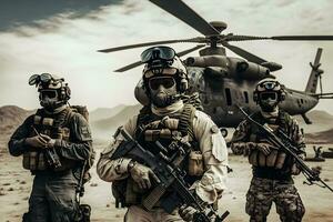 Special force assault team in a mission with helicopter background. Neural network AI generated photo