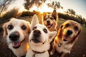 cute beagle looking at the camera while taking a selfie with another beagle and a pug. Neural network AI generated photo