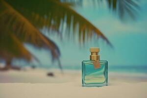 A bottle of perfume on the seashore is enveloped in a wave. Yellow sand on  the beach, marine cosmetics and fragrance. Neural network AI generated  23138219 Stock Photo at Vecteezy