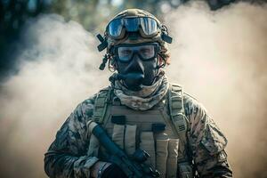 completamente equipado soldado en un camuflaje uniforme emergente desde un soplo de fumar en el medio de un pino bosque. neural red ai generado foto