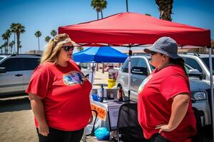 dos más Talla exceso de peso hermanas Gemelos mujer contento y orgulloso de su cuerpos caminando a el playa en verano vacaciones. neural red ai generado foto