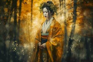 hermosa asiático mujer en amarillo kimono en otoño bosque. neural red ai generado foto