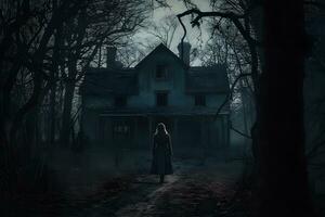 Witch next to a gloomy witch house. Neural network AI generated photo