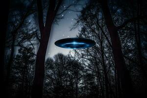 Low key image of UFO hovering over a forest at night with light beam. Neural network AI generated photo