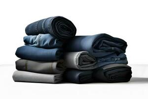 Jeans trousers stack on white background. Neural network AI generated photo