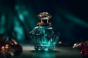 Beautiful stylish perfume bottle on a dark background. Neural network AI generated photo