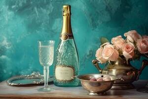 Champagne and roses elegant background. Neural network AI generated photo