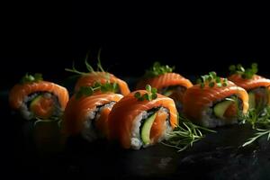 Sushi roll with salmon and shrimp tempura. Neural network AI generated photo