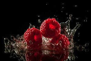Raspberries and water splash on dark background. Neural network AI generated photo