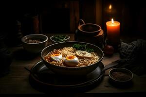 Japanese ramen soup with chicken, egg, chives and sprout on dark wooden. Neural network AI generated photo