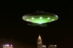 Ufo spaceship over the city. Neural network AI generated photo